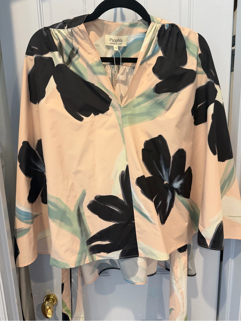 Psophia Pink Floral V-Neck Blouse with Black Bloom Print